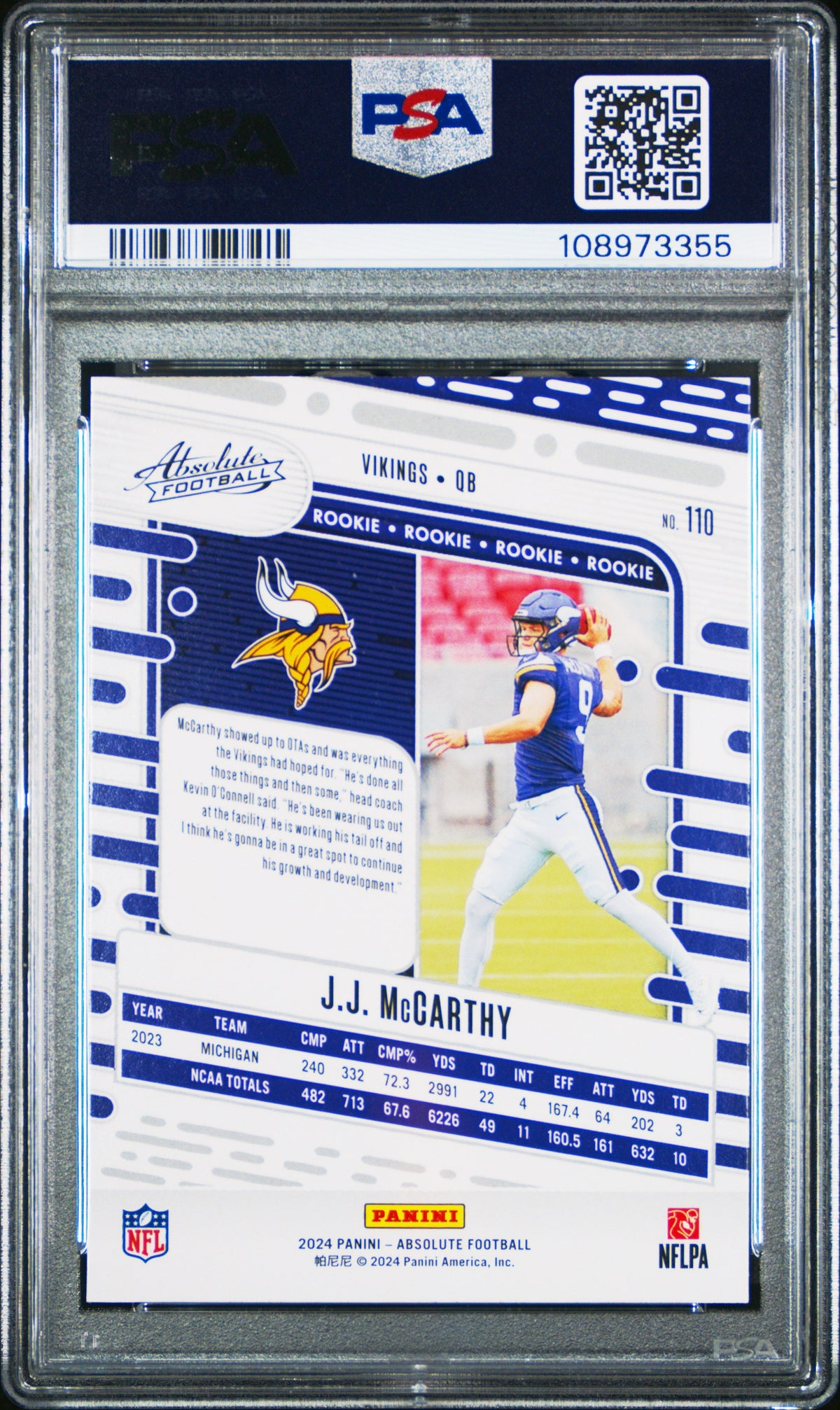 Graded 2024 Panini Absolute JJ McCarthy #110 Rookie RC Football Card PSA 9 Mint