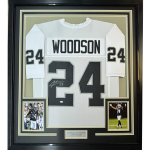 Framed Autographed/Signed Charles Woodson 35x39 Oakland White Football Jersey GTSM Holo COA