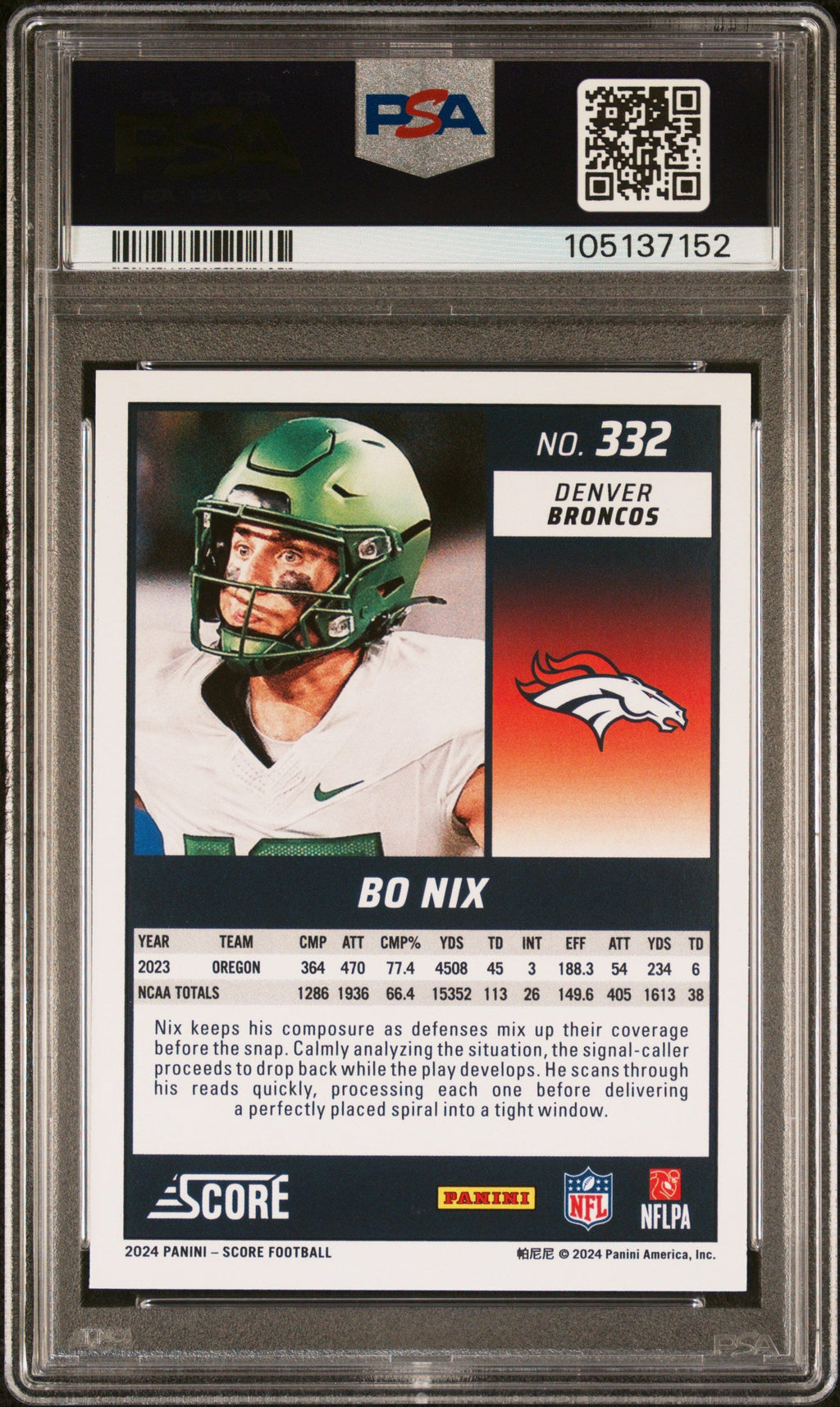 Graded 2024 Panini Scroe Bo Nix #332 Rookie RC Football Card PSA 10 Gem Mint
