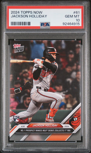Graded 2024 Topps Now Jackson Holliday #61 Number 1 Prospect Makes MLB Debut, Collects 1st RBI Rookie RC Baseball Card PSA 10 Gem Mint