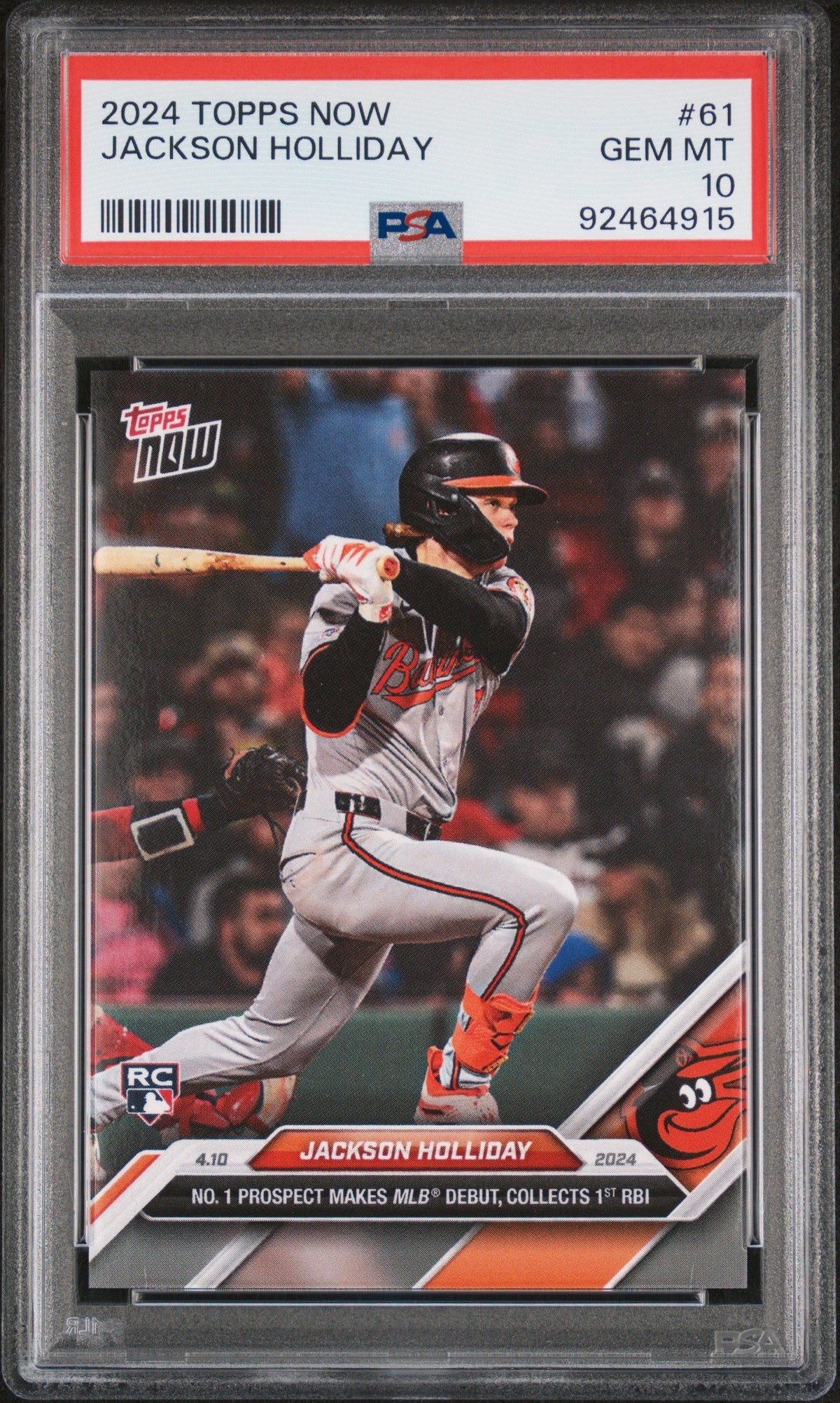 Graded 2024 Topps Now Jackson Holliday #61 Number 1 Prospect Makes MLB Debut, Collects 1st RBI Rookie RC Baseball Card PSA 10 Gem Mint