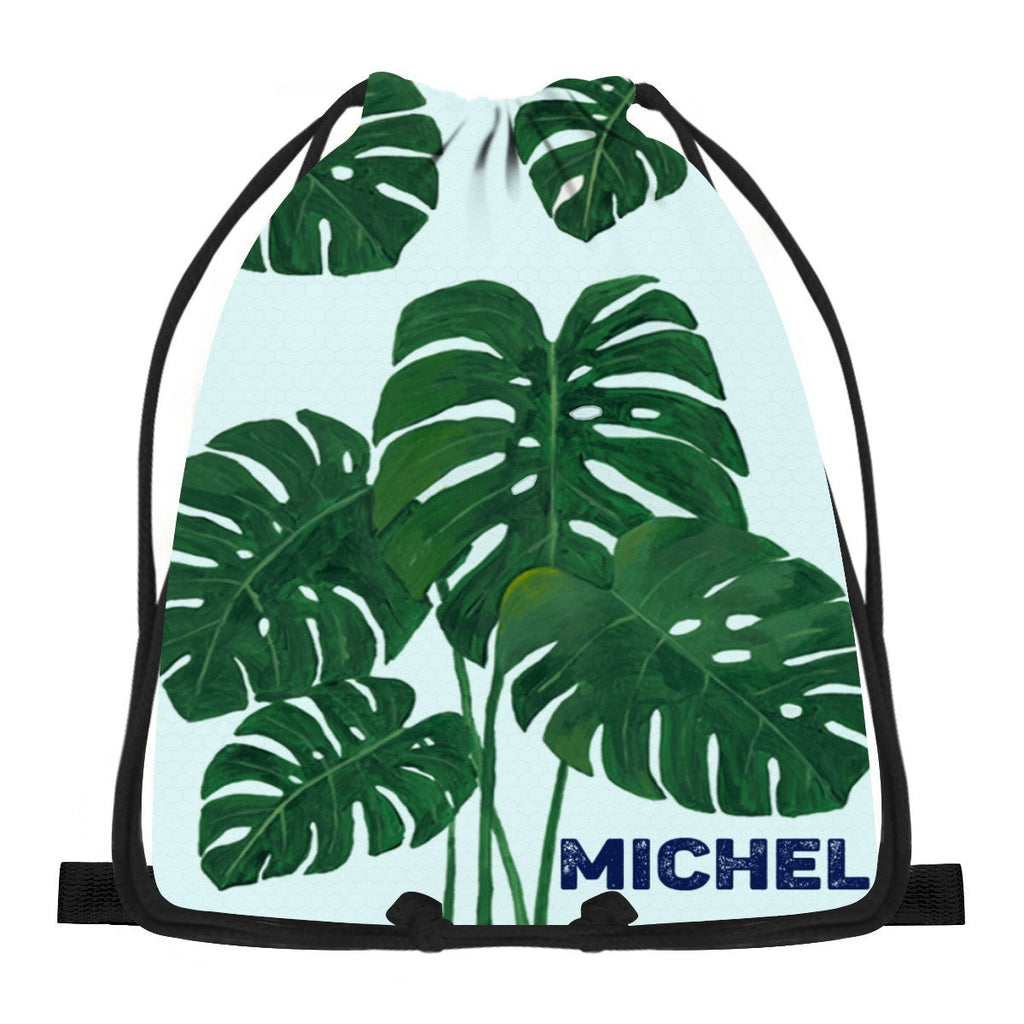 Personalized Tropical Leaf Drawstring Bag with Custom Name – Monstera Design Gift for Kids & Adults