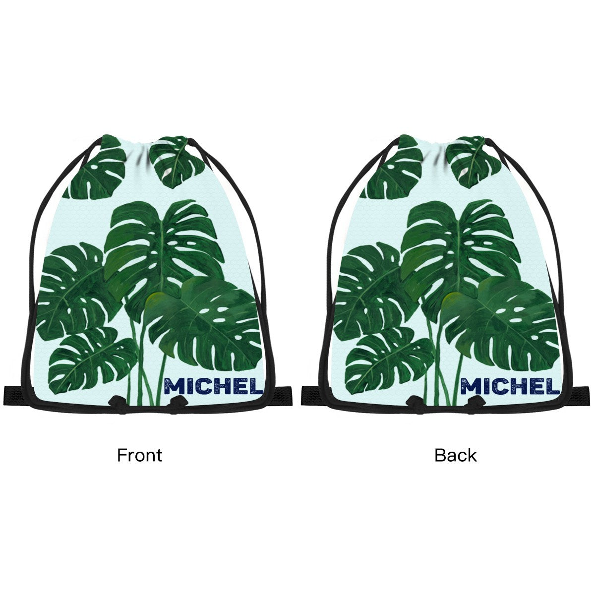 Personalized Tropical Leaf Drawstring Bag with Custom Name – Monstera Design Gift for Kids & Adults