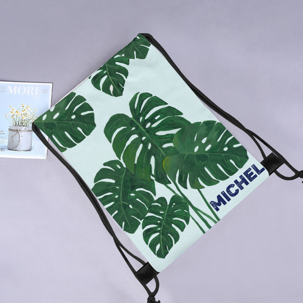 Personalized Tropical Leaf Drawstring Bag with Custom Name – Monstera Design Gift for Kids & Adults