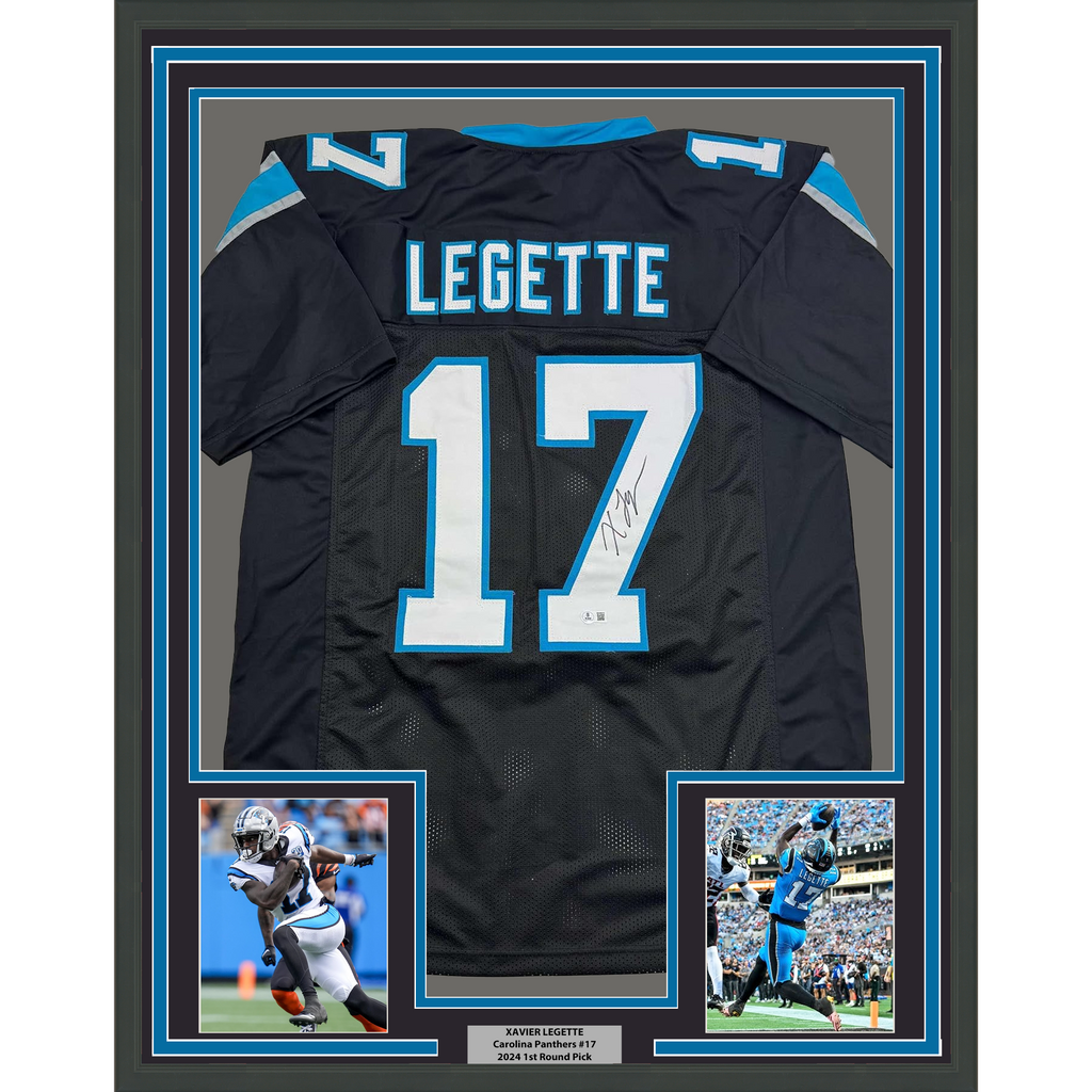 Framed Autographed/Signed Xavier Legette 35x39 Carolina Black Football Jersey Beckett BAS COA