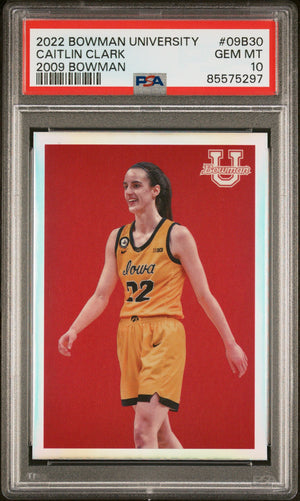 Graded 2022 Topps Bowman University Caitlin Clark #09B30 2009 Bowman Rookie RC Basketball Card PSA 10 Gem Mint
