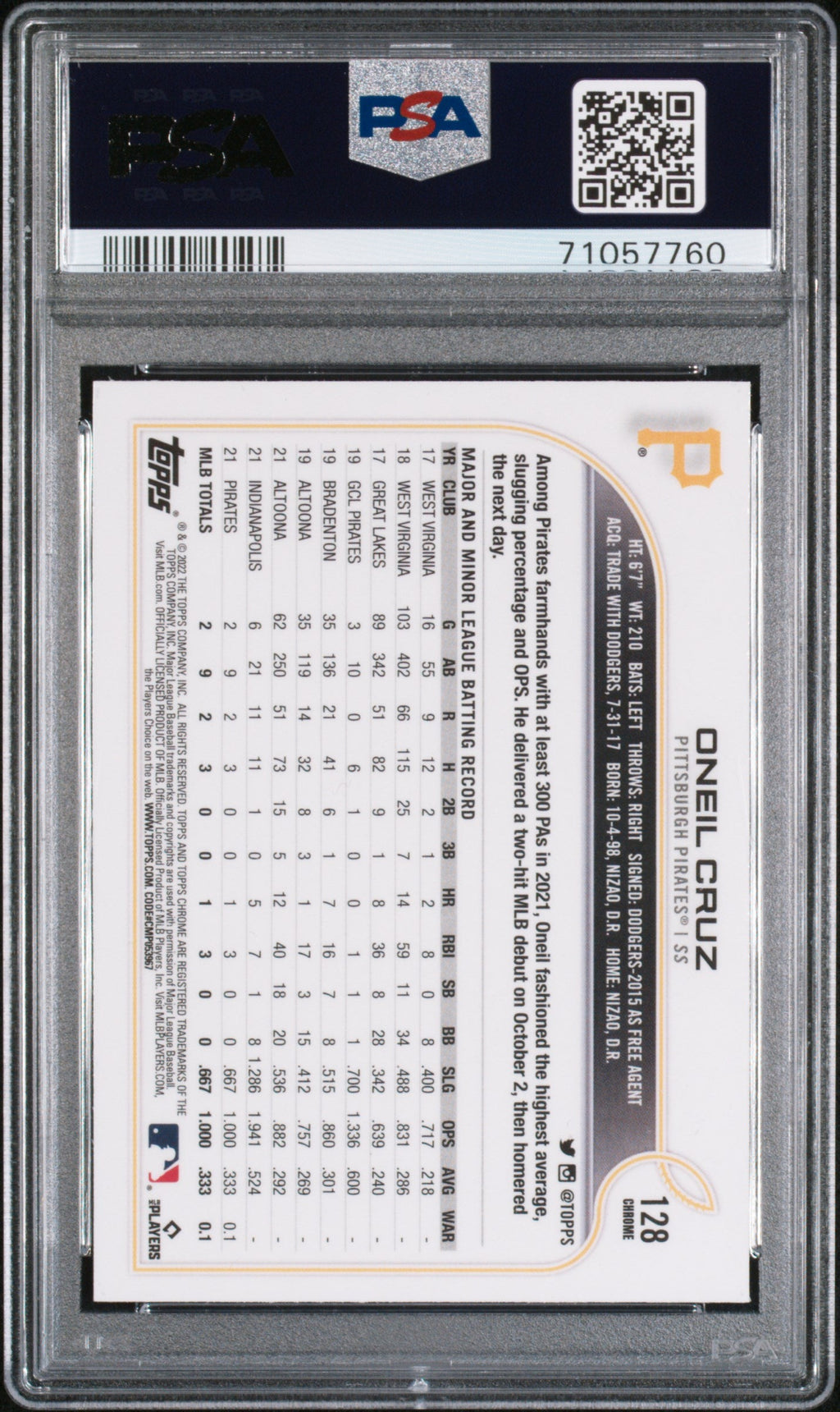 Graded 2022 Topps Chrome Oneil Cruz #128 Rookie RC Baseball Card PSA 10 Gem Mint