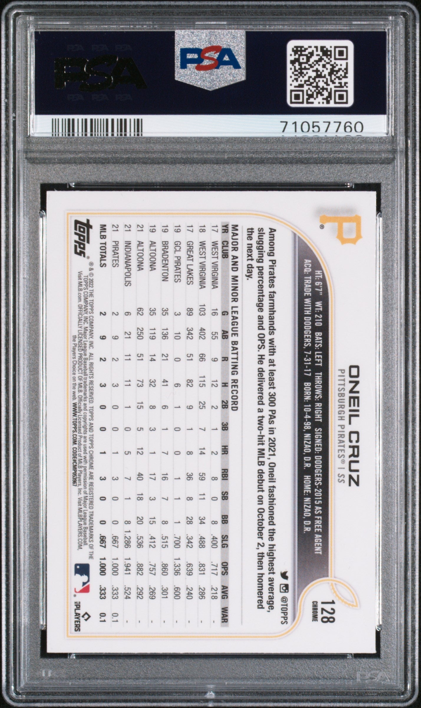 Graded 2022 Topps Chrome Oneil Cruz #128 Rookie RC Baseball Card PSA 10 Gem Mint