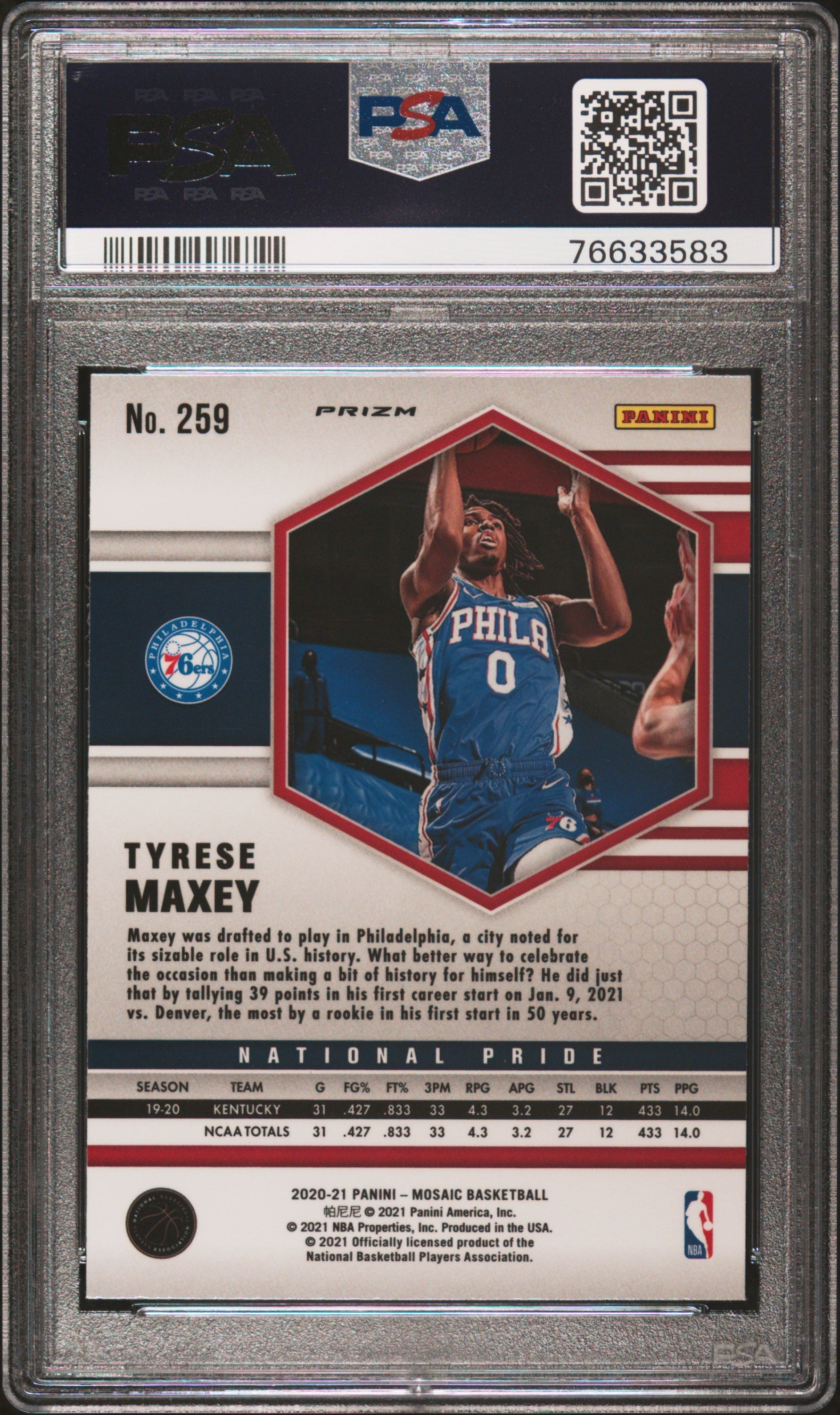 Graded 2020 Panini Mosaic Tyrese Maxey #259 Reactive Blue Rookie RC Basketball Card PSA 10 Gem Mint