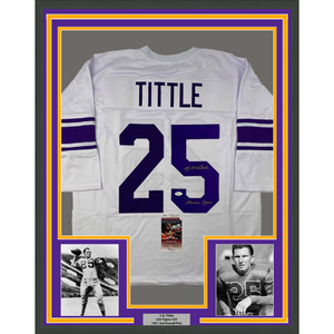 Framed Autographed/Signed YA Y.A. Tittle 35x39 Inscribed Geaux Tigers LSU White College Football Jersey JSA COA