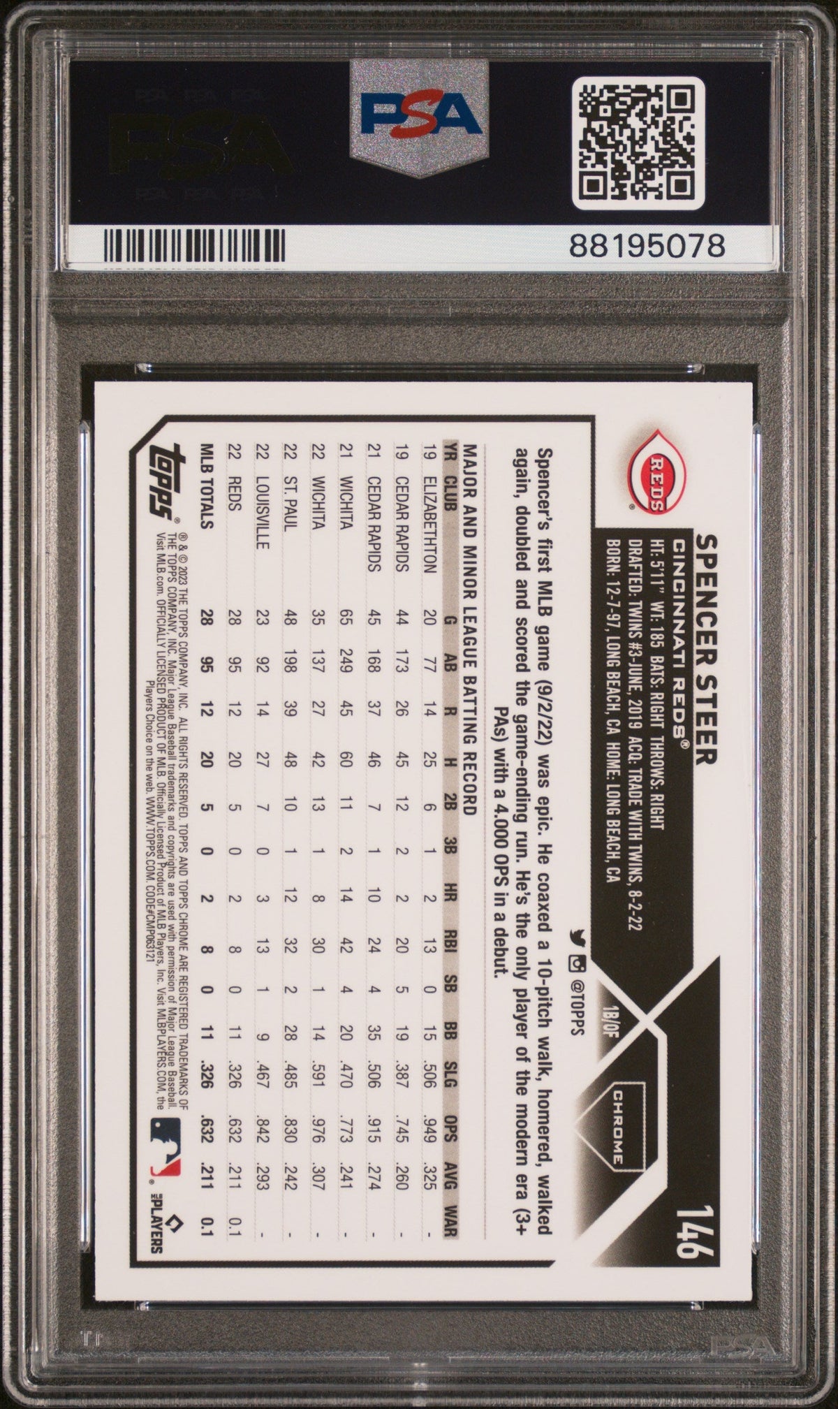 Graded 2023 Topps Chrome Spencer Steer #146 XFractor Rookie RC Baseball Card PSA 10 Gem Mint