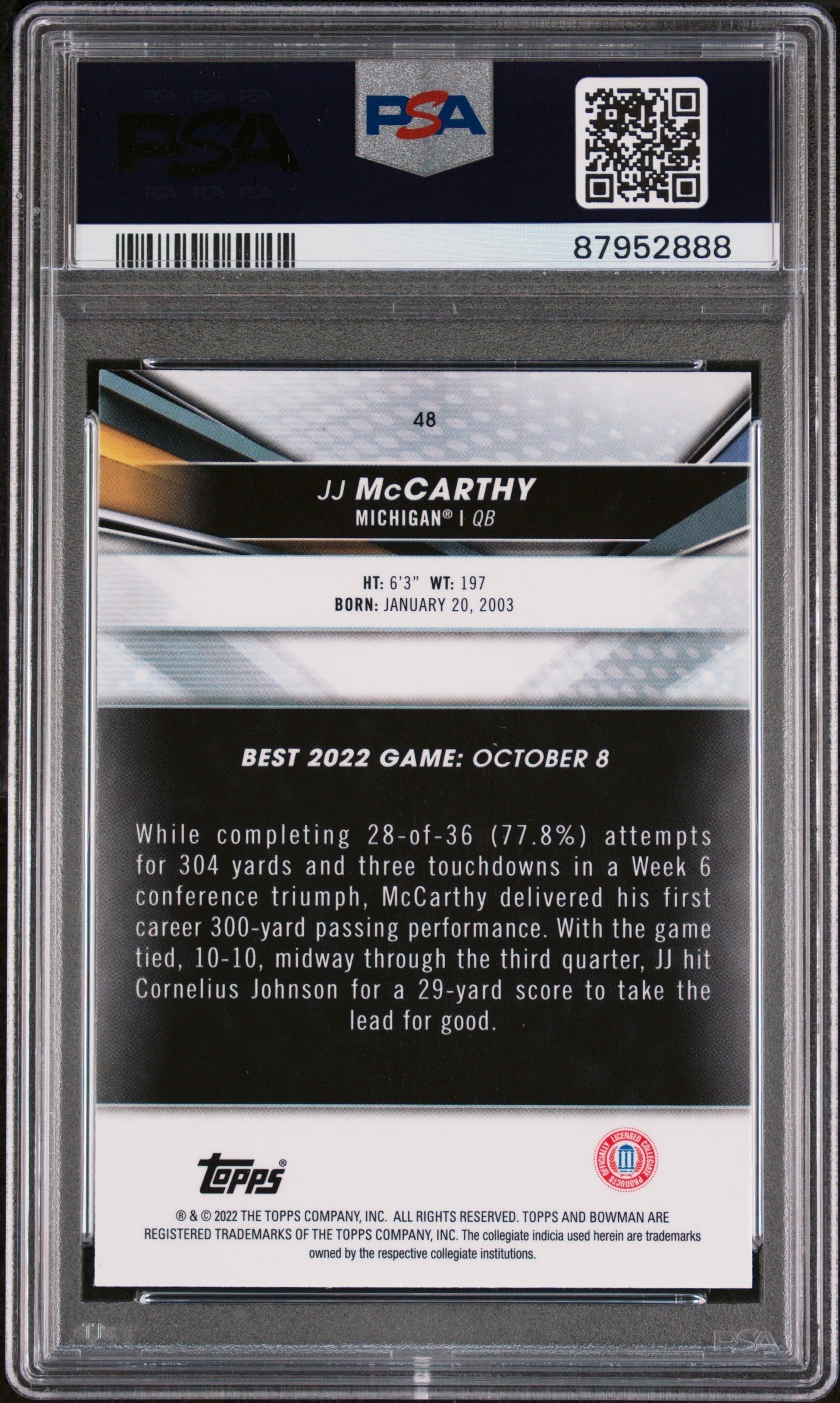 Graded 2022 Topps Bowman Best University JJ McCarthy #48 Rookie RC Football Card PSA 10 Gem Mint