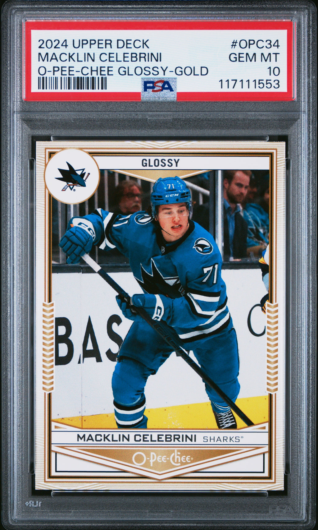 Graded 2024 Upper Deck Macklin Celebrini #OPC34 O-Pee-Chee Glossy Gold Rookie RC Hockey Card PSA 10 Gem Mint