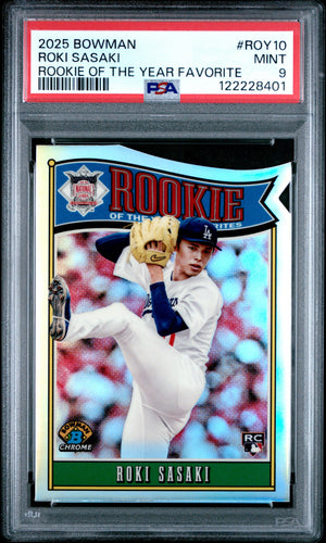 Graded 2025 Topps Bowman Roki Sasaki #ROY10 Rookie of the Year Favorite Rookie RC Baseball Card PSA 9 Mint