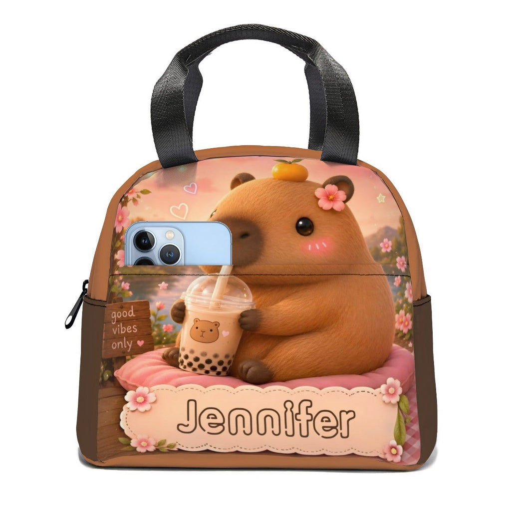 Personalized Capybara Lunch Bag – Custom Name Insulated Tote | Kawaii Boba Tea Gift for Teens