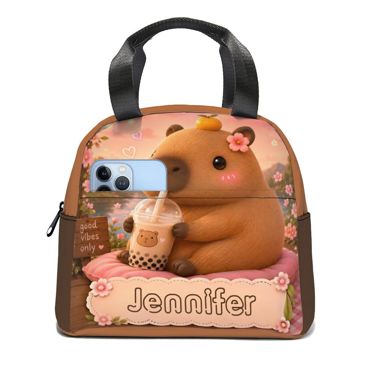Personalized Capybara Lunch Bag – Custom Name Insulated Tote | Kawaii Boba Tea Gift for Teens