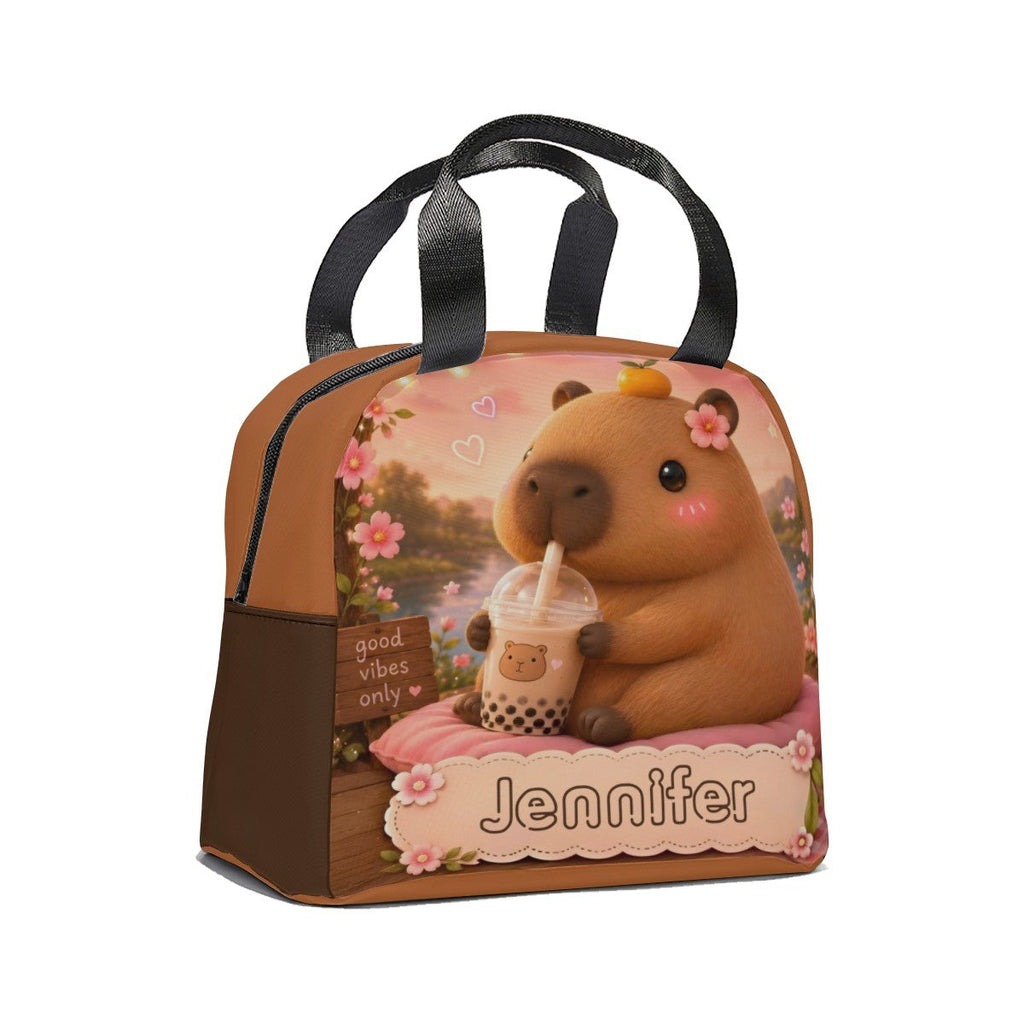 Personalized Capybara Lunch Bag – Custom Name Insulated Tote | Kawaii Boba Tea Gift for Teens
