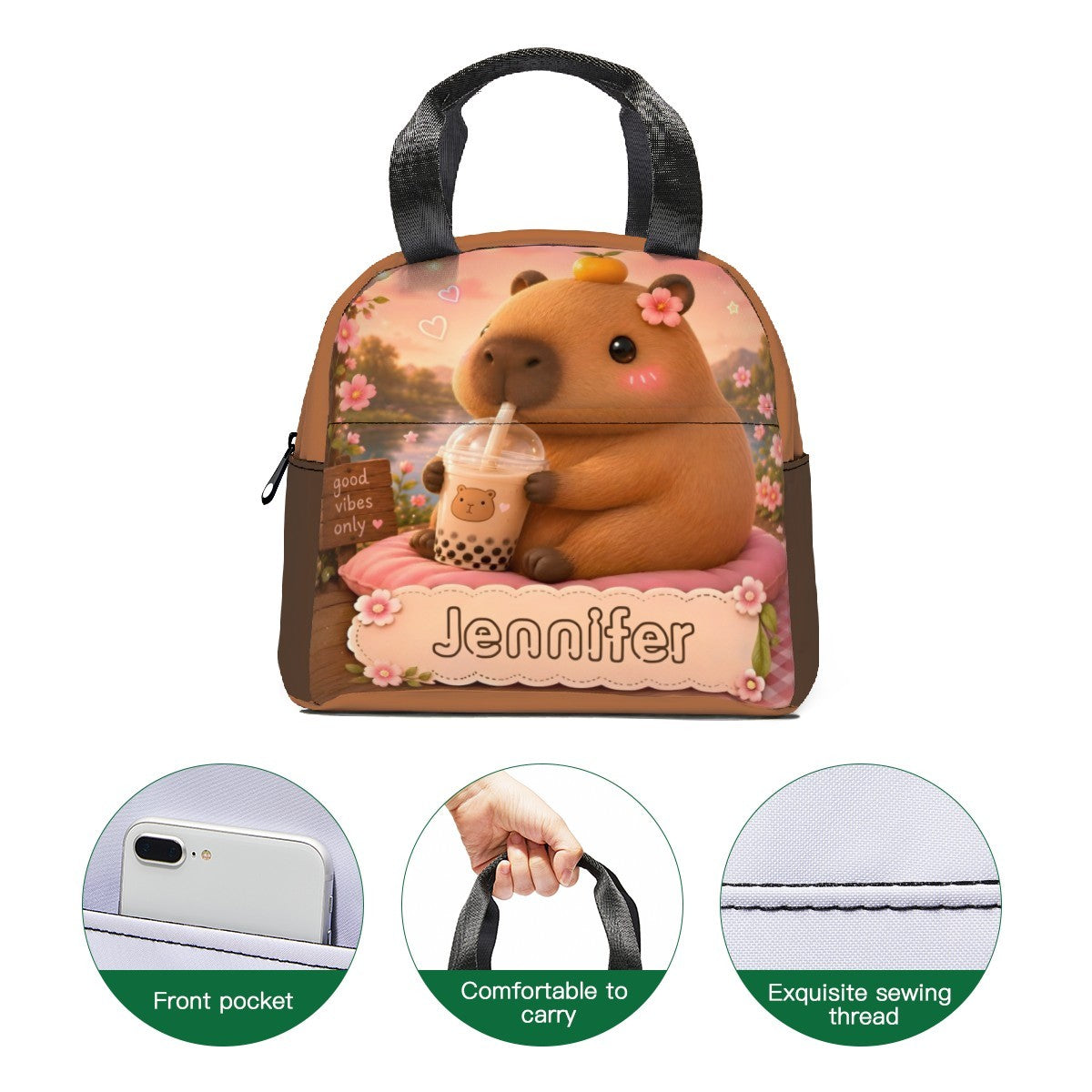 Personalized Capybara Lunch Bag – Custom Name Insulated Tote | Kawaii Boba Tea Gift for Teens
