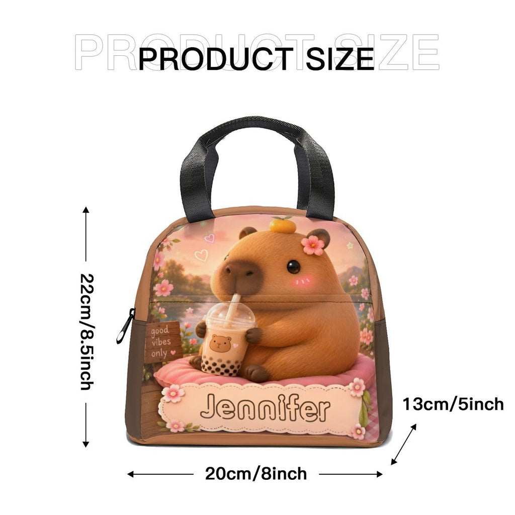 Personalized Capybara Lunch Bag – Custom Name Insulated Tote | Kawaii Boba Tea Gift for Teens