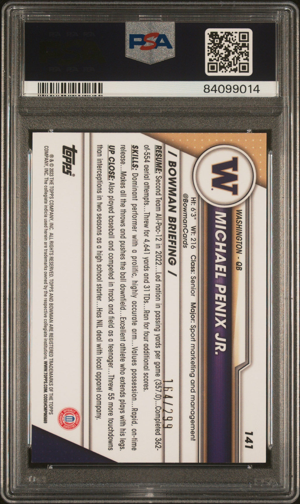 Graded 2023 Topps Bowman U Chrome Michael Penix Jr. #141 Aqua #/299 Rookie RC Football Card PSA 10 Gem Mint