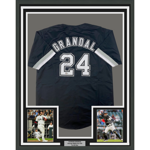 Framed Autographed/Signed Yasmani Grandal 35x39 Chicago Black Baseball Jersey Beckett BAS COA