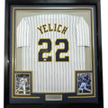 Framed Autographed/Signed Christian Yelich 35x39 Milwaukee Pinstripe Baseball Jersey JSA COA