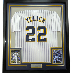 Framed Autographed/Signed Christian Yelich 35x39 Milwaukee Pinstripe Baseball Jersey JSA COA