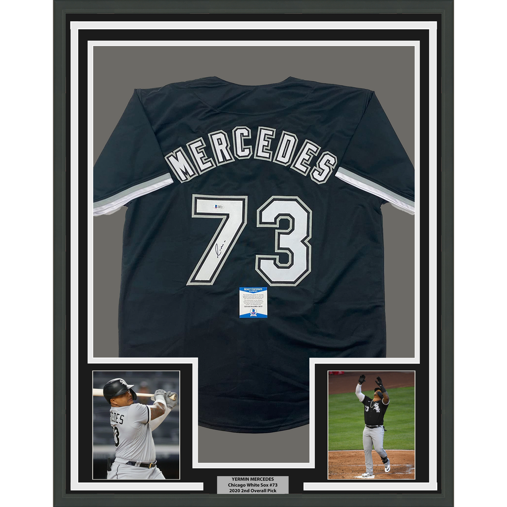 Framed Autographed/Signed Yermin Mercedes 35x39 Chicago Black Baseball Jersey Beckett BAS COA