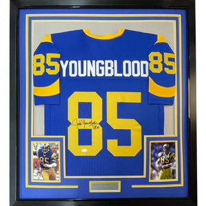 Framed Autographed/Signed Jack Youngblood HOF 01 35x39 Los Angeles LA Blue Football Jersey JSA COA