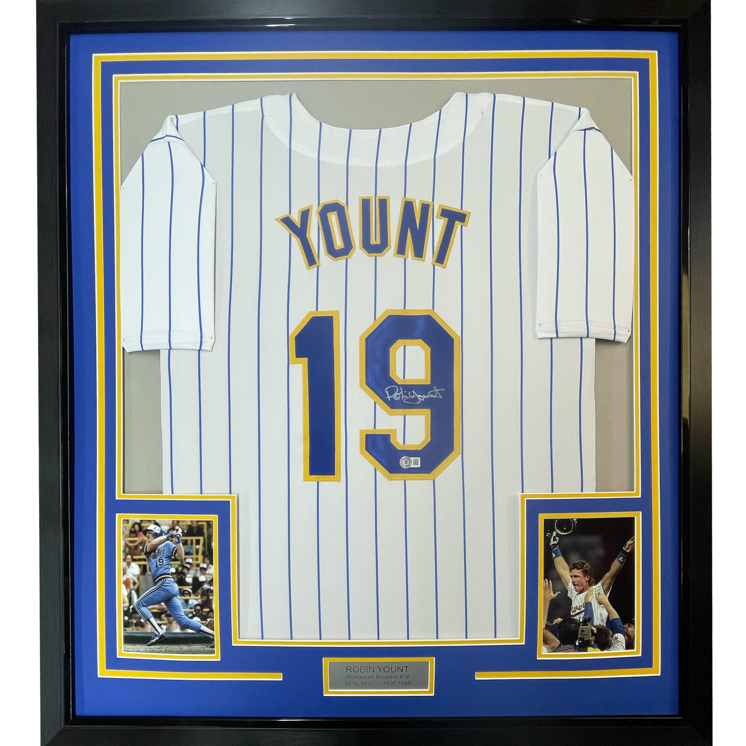 Framed Autographed/Signed Robin Yount 35x39 Milwaukee Pinstripe Baseball Jersey JSA COA