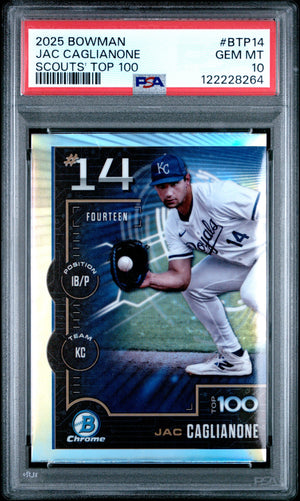 Graded 2025 Topps Bowman Jac Caglianone #BTP14 Scouts Top 100 Rookie RC Baseball Card PSA 10 Gem Mint