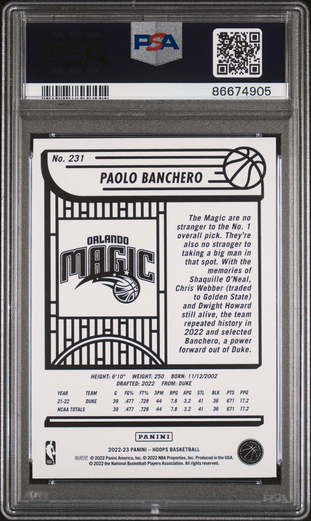 Graded 2022 Panini NBA Hoops Paolo Banchero #231 Rookie RC Basketball Card PSA 6 EX-MT