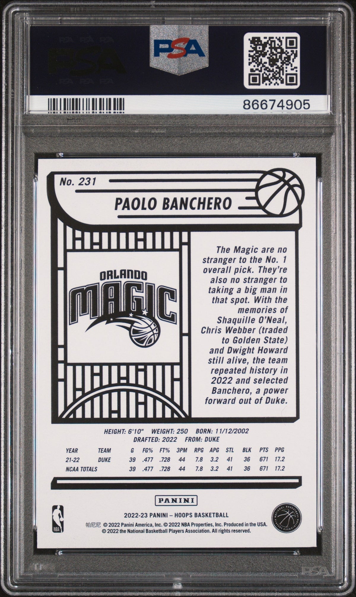 Graded 2022 Panini NBA Hoops Paolo Banchero #231 Rookie RC Basketball Card PSA 6 EX-MT