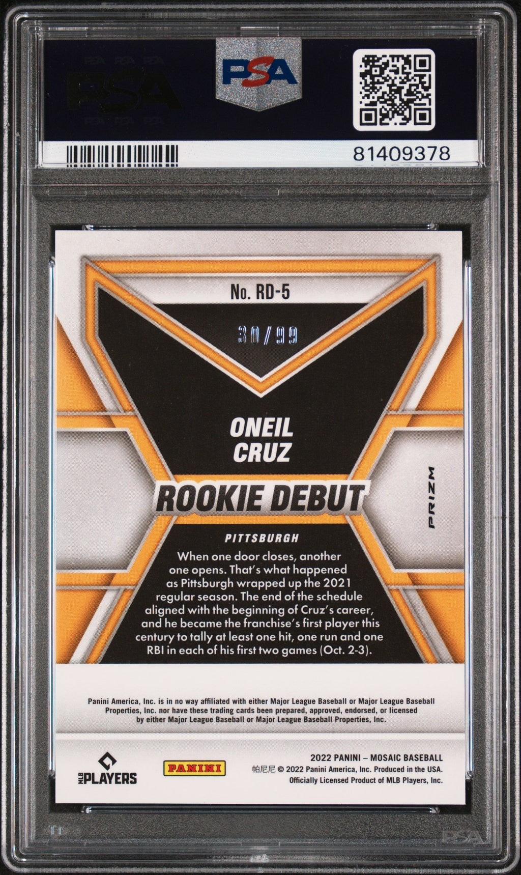Graded 2022 Panini Mosaic Oneil Cruz #RD5 Rookie Debut Orange Fluorescent #/99 RC Baseball Card PSA 10 Gem Mint