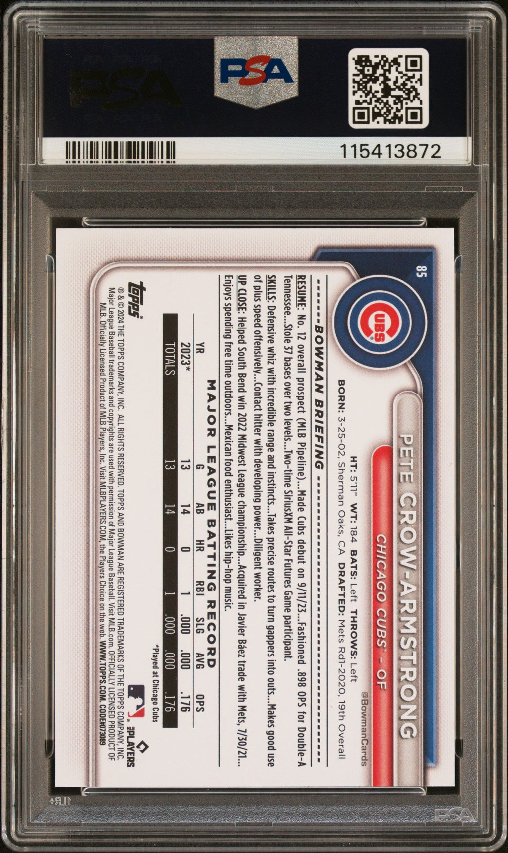 Graded 2024 Topps Bowman Pete Crow Armstrong #85 Rookie RC Baseball Card PSA 9 Mint