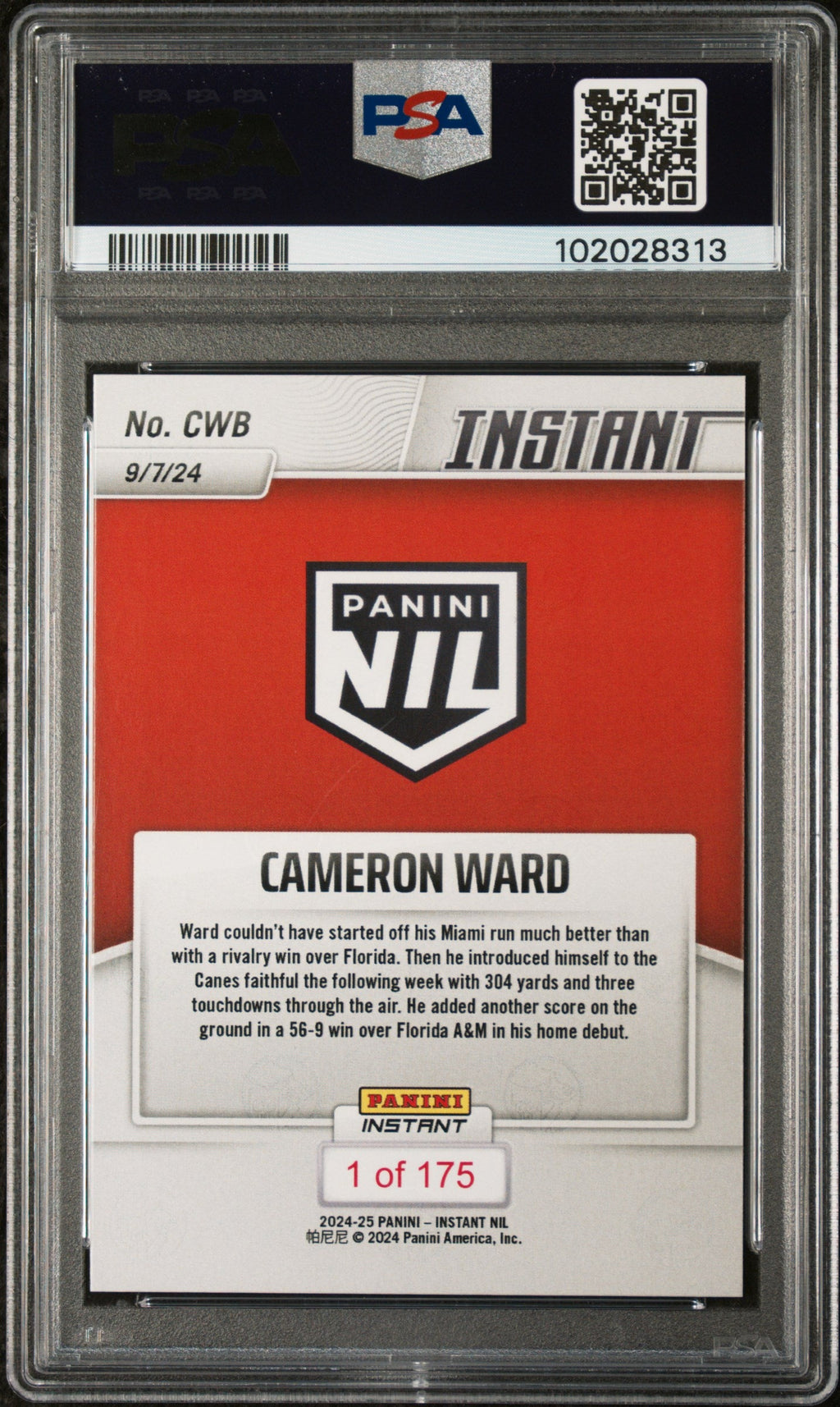 Graded 2024 Panini Instant NIL Cam Ward #CWB Rookie RC Football Card PSA 7 Near Mint
