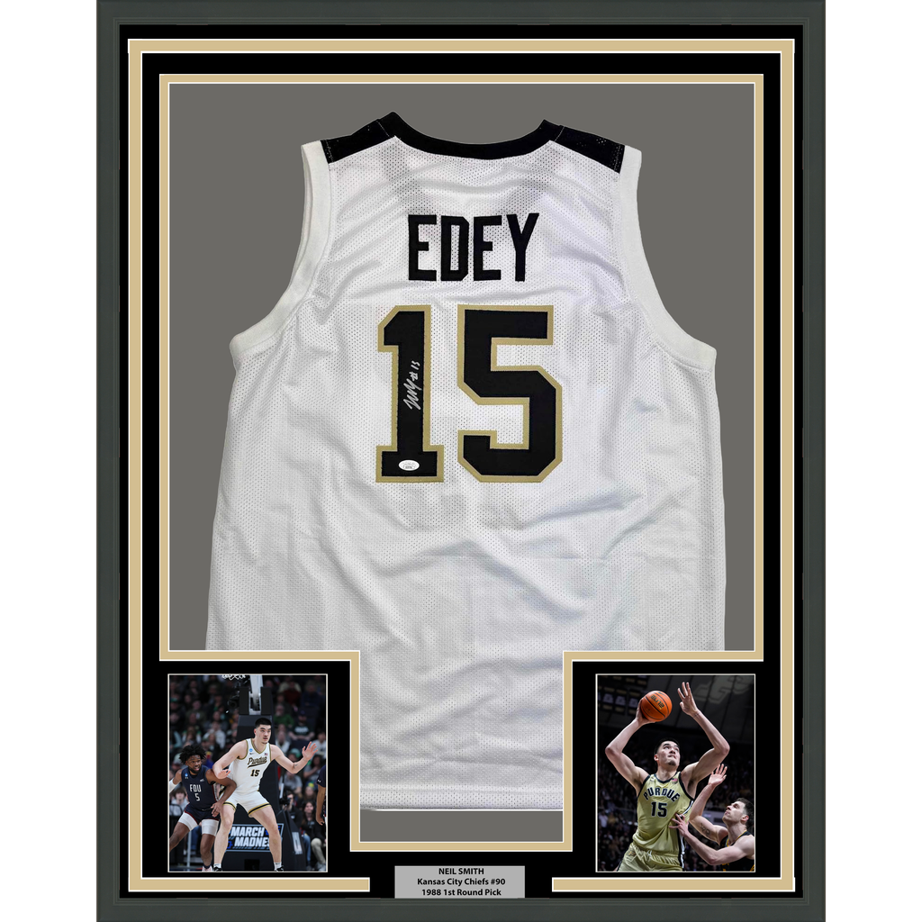 Framed Autographed/Signed Zach Edey 35x39 Purdue White College Basketball Jersey JSA COA