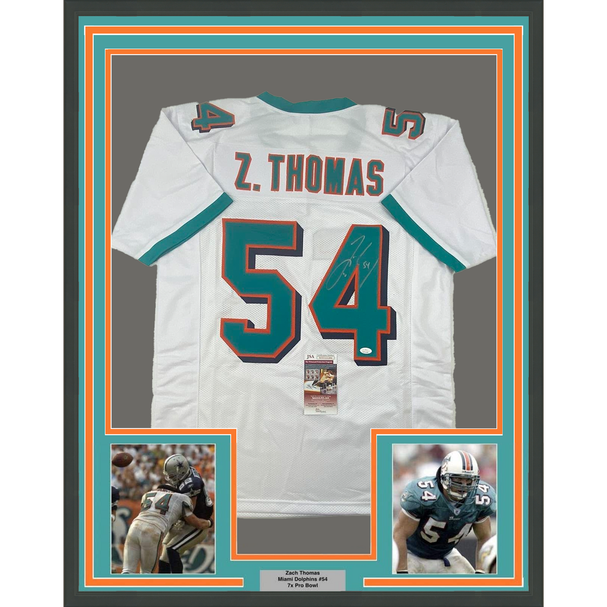 Framed Autographed/Signed Zach Thomas 35x39 Miami White Football Jersey JSA COA