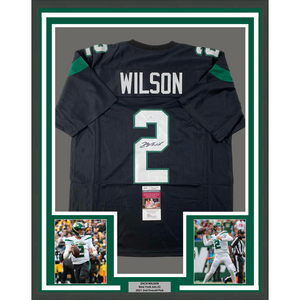 Framed Autographed/Signed Zach Wilson 35x39 New York Black Football Jersey JSA COA