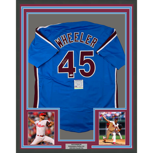 Framed Autographed/Signed Zack Wheeler 35x39 Philadelphia Blue Retro Baseball Jersey PSA/DNA COA