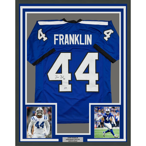 Framed Autographed/Signed Zaire Franklin 35x39 Indianapolis 2025 Style Blue Football Jersey Beckett BAS COA