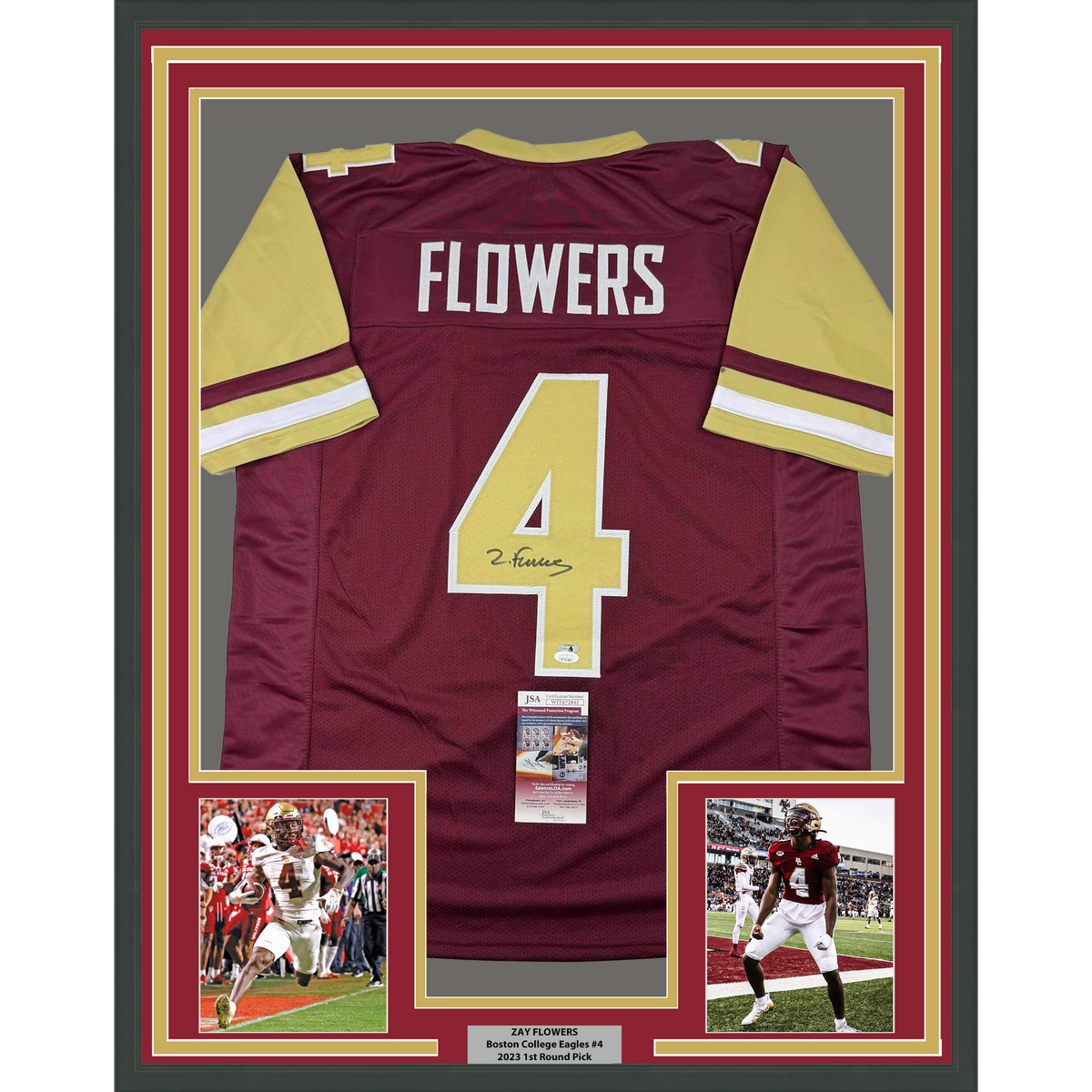 Framed Autographed/Signed Zay Flowers 35x39 Boston College Maroon Football Jersey Beckett BAS COA