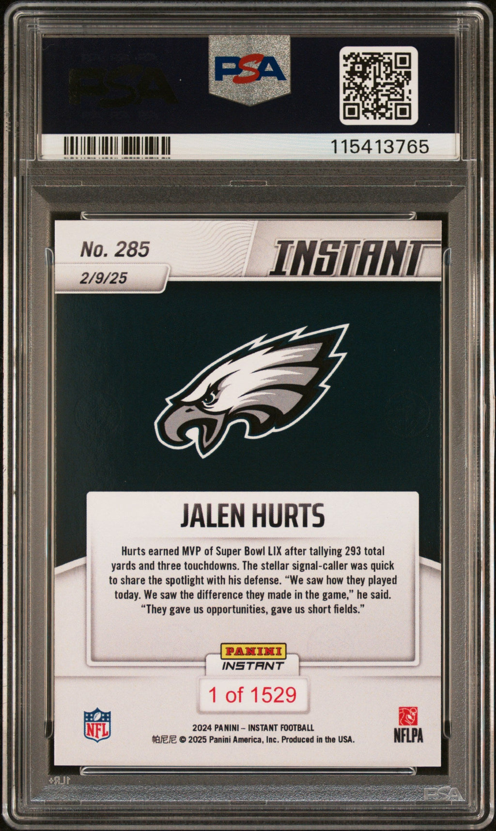 Graded 2024 Panini Instant NFL Jalen Hurts #285 Football Card PSA 9 Mint
