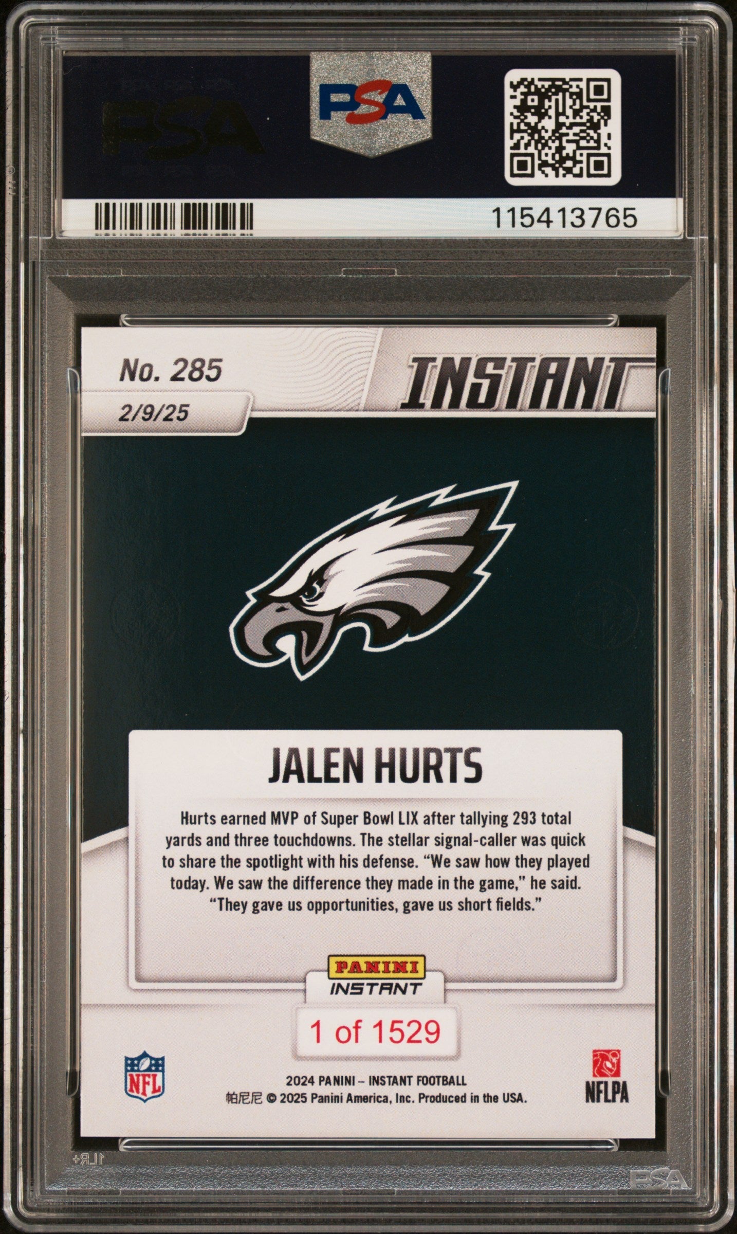 Graded 2024 Panini Instant NFL Jalen Hurts #285 Football Card PSA 9 Mint