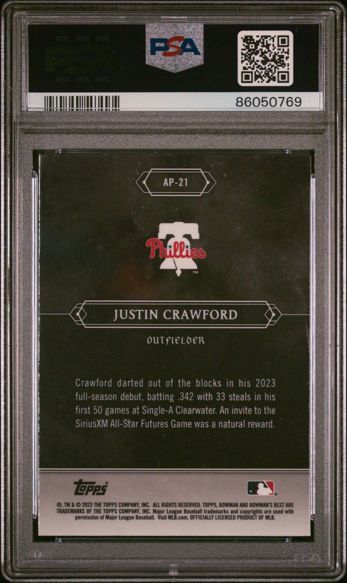 Graded 2023 Topps Bowmans Best Justin Crawford #AP21 Astral Projections Rookie RC Baseball Card PSA 10 Gem Mint