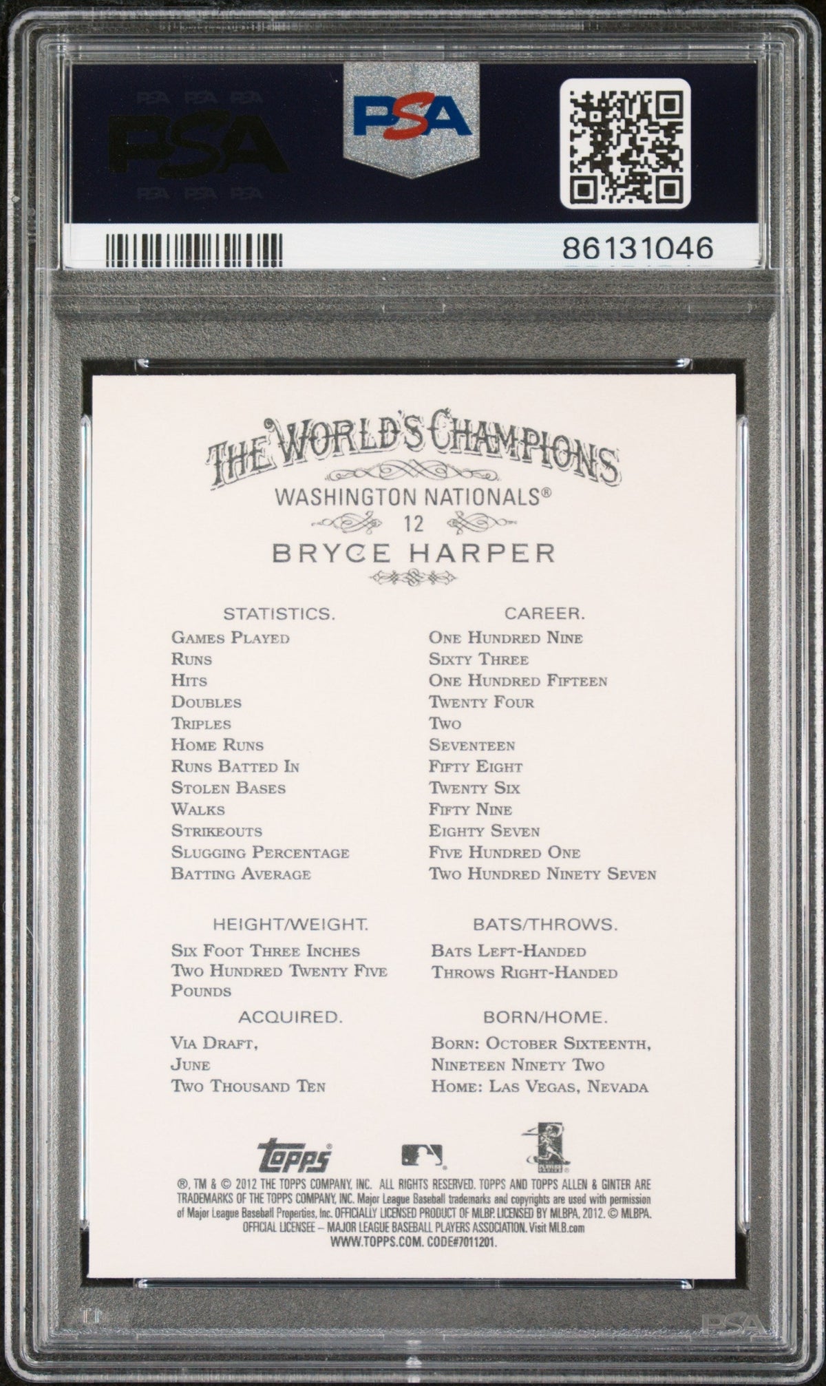 Graded 2012 Topps Allen & Ginter Bryce Harper #12 Rookie RC Baseball Card PSA 10 Gem Mint