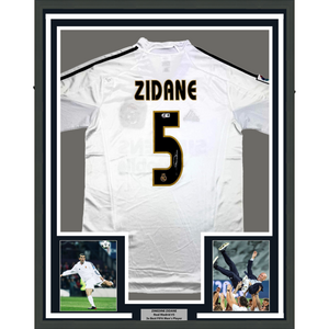 Framed Autographed/Signed Zinedine Zidane 35x39 Real Madrid White Soccer Jersey Beckett BAS COA