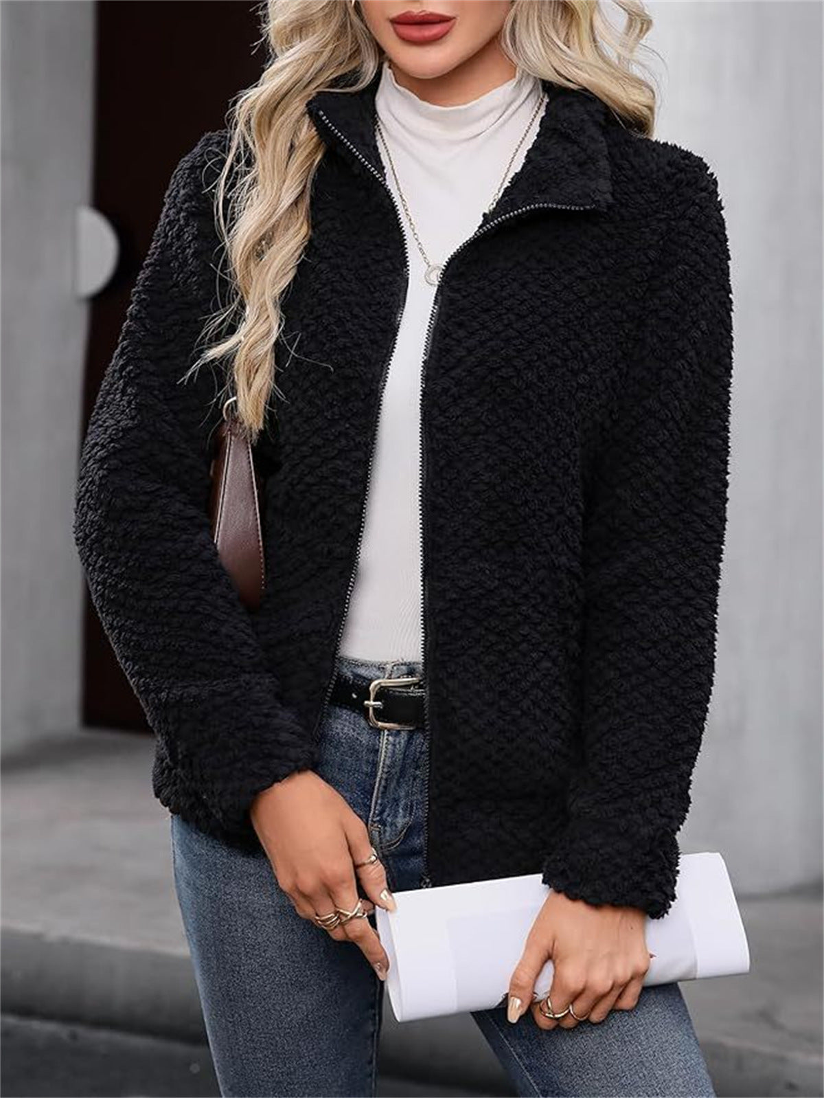 Women's Padded Fleece-Lined Zip-Up Jacket With Pocket And Lapel