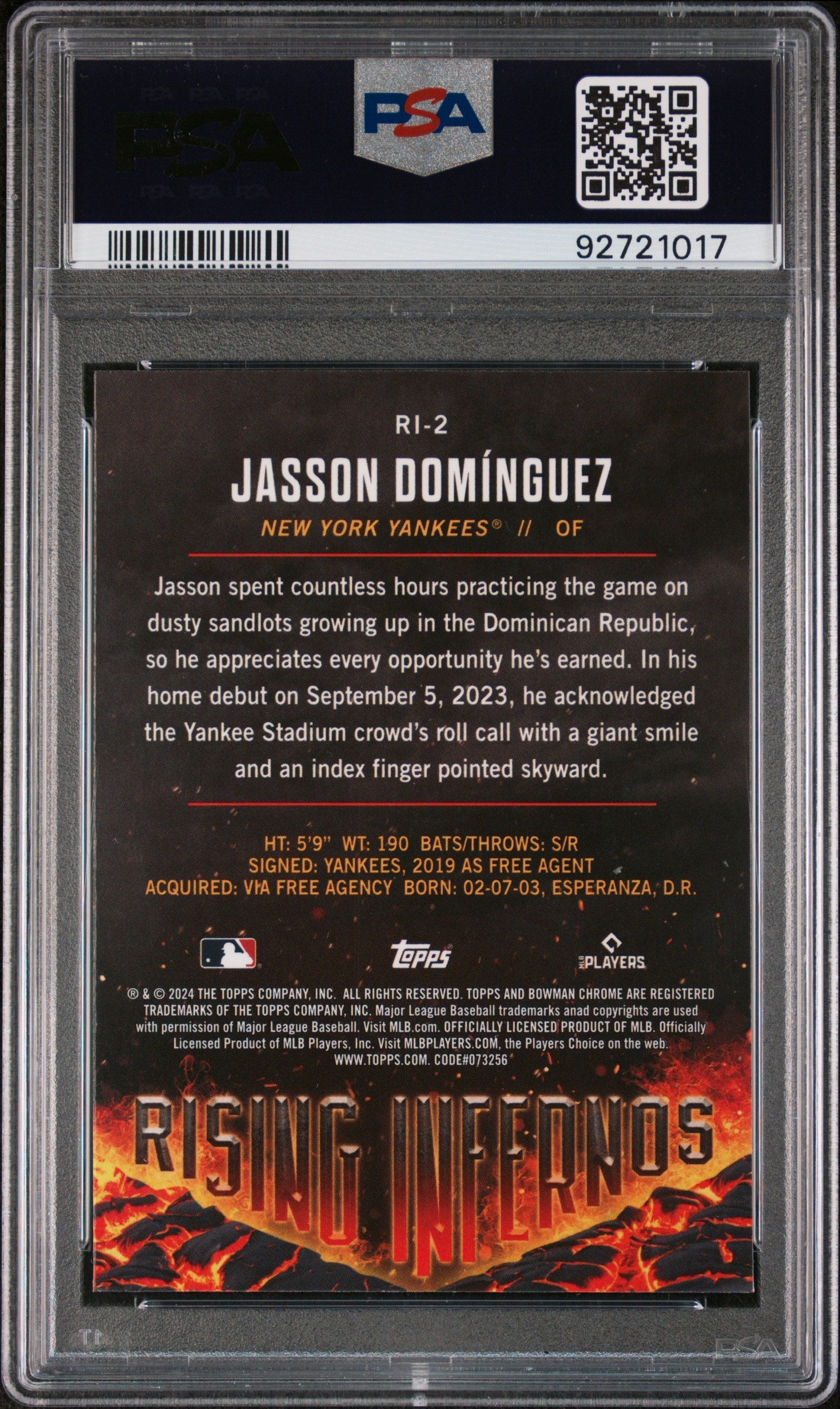 Graded 2024 Topps Bowman Jasson Dominguez #RI2 Rising Infernos Rookie RC Baseball Card PSA 10 Gem Mint