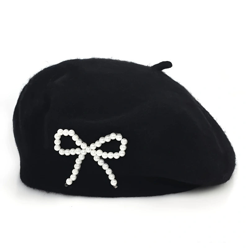 Pearl Bow Wool Breathable Beret